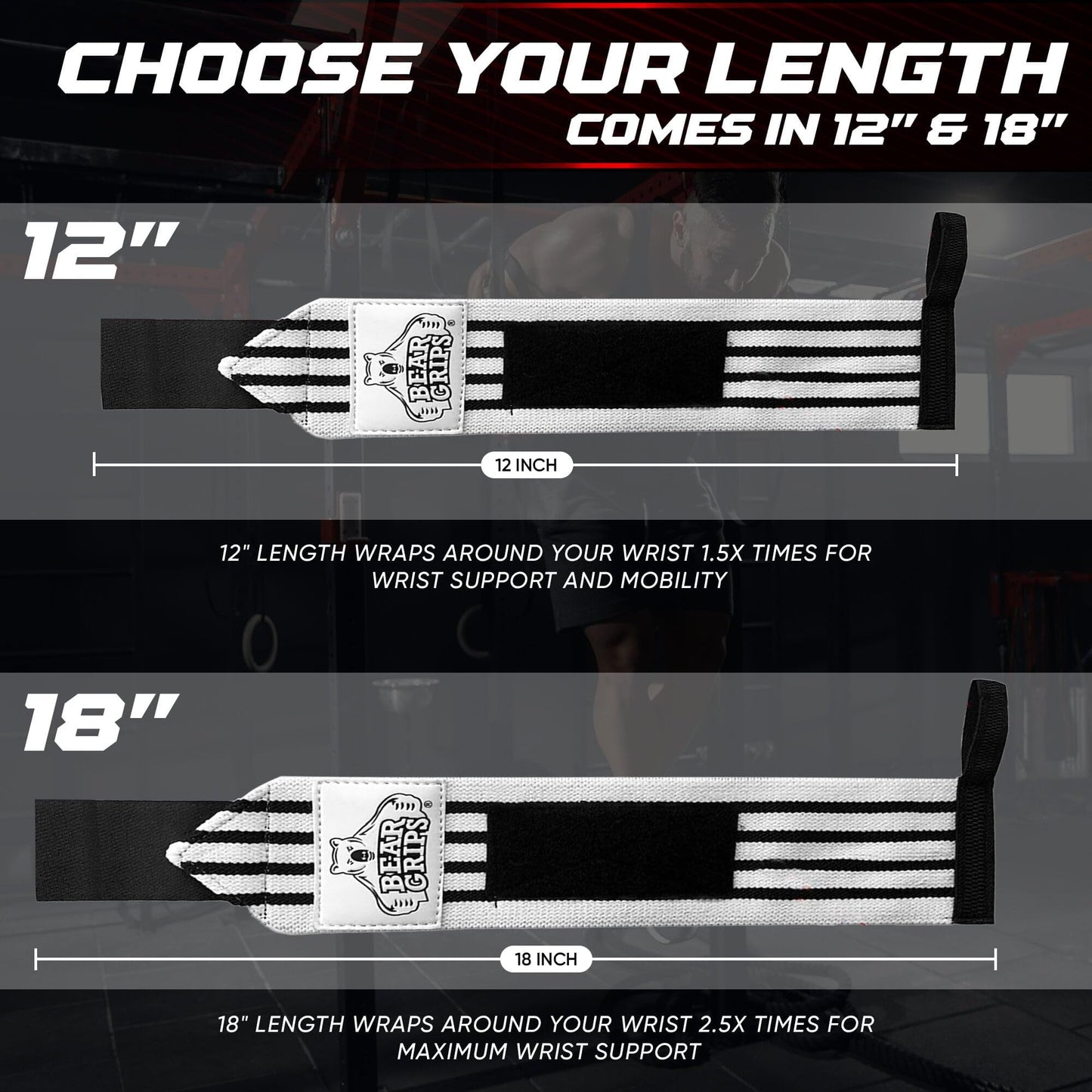 Bear Grips Wrist Wraps for Weightlifting | Weight Lifting Wrist Straps for Weightlifting | Extra Strength Gym Wrist Wraps | Two Wrist Wrap Per Pack | 12” & 18” | Lifting for Men & Women