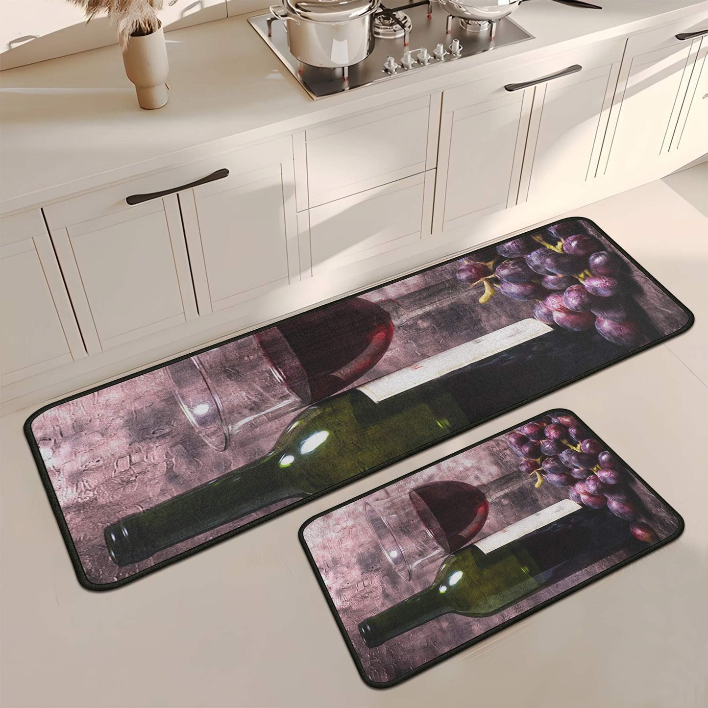 Yovirinto Wine Kitchen Rugs and Mats Sets of 2, Non Skid Washable Absorbent Microfiber Farmhouse Kitchen Mat for Runner Hallway Doormat Bathroom 17"x 47"+17"x 30"