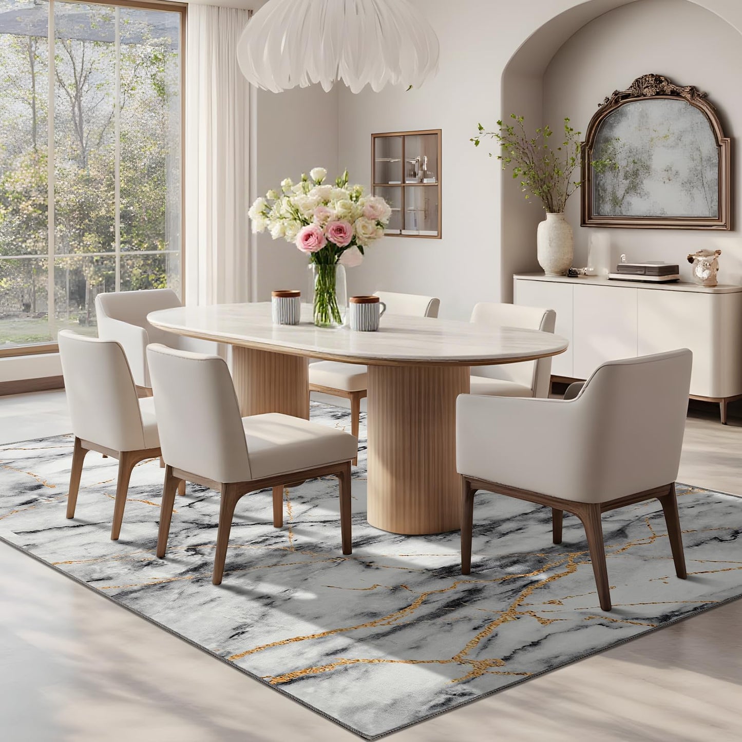 CRYPTOLITE Living Room Rug Washable Abstract Rugs with Non-Slip Backing Low Pile Area Rug for Living Room, Bedroom, Dining Room, 6x9, Gold&Grey