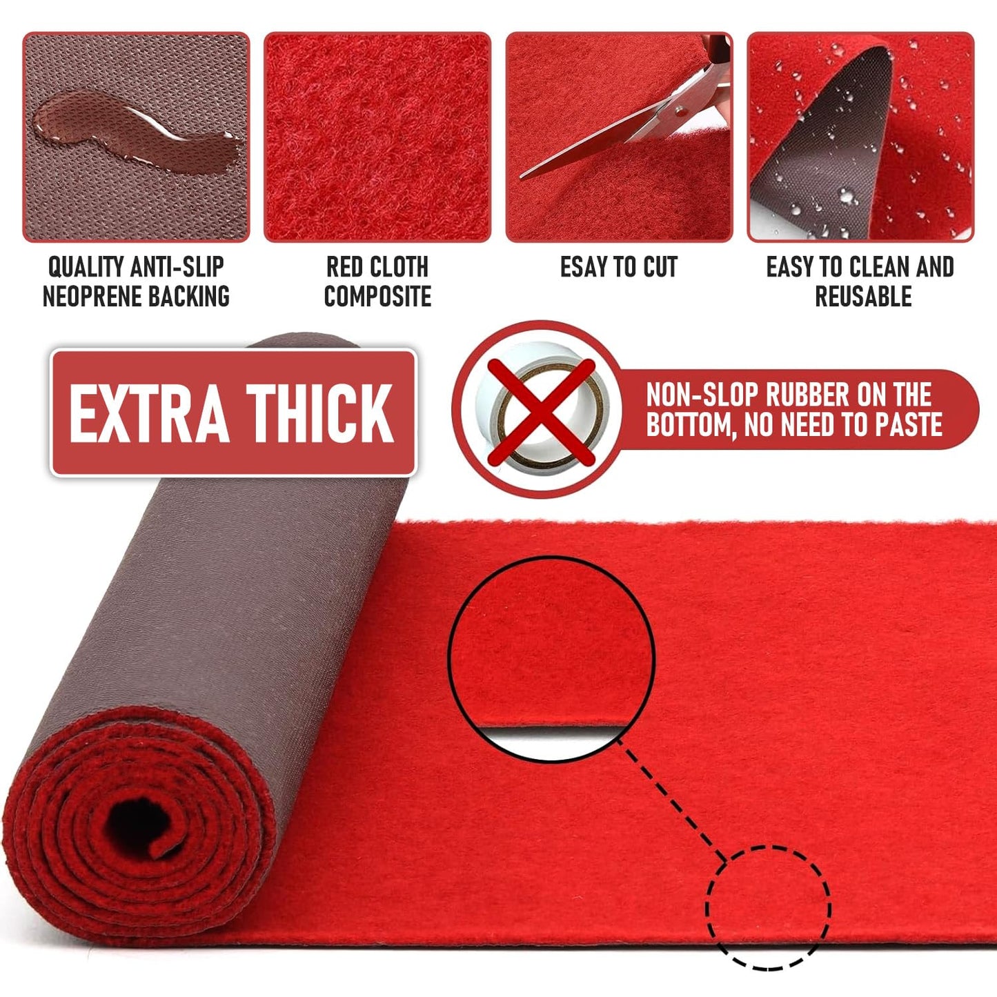 450GSM, 3ft x 20ft Red Carpet Runner for Party, Reusable TPR Non-Slip Backed Red Rug with Anti Slip for Wedding, Christmas, Indoor/Outdoor