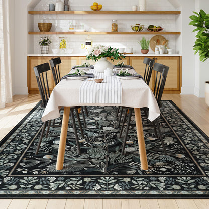 Anidaroel Black Botanical Floral 8x10 Rugs for Living Room, Washable Large Area Rugs for Bedroom Non-Slip Soft Modern Rugs, Ultra-Thin Indoor Throw Carpet Mat for Dining Room Nursery Office