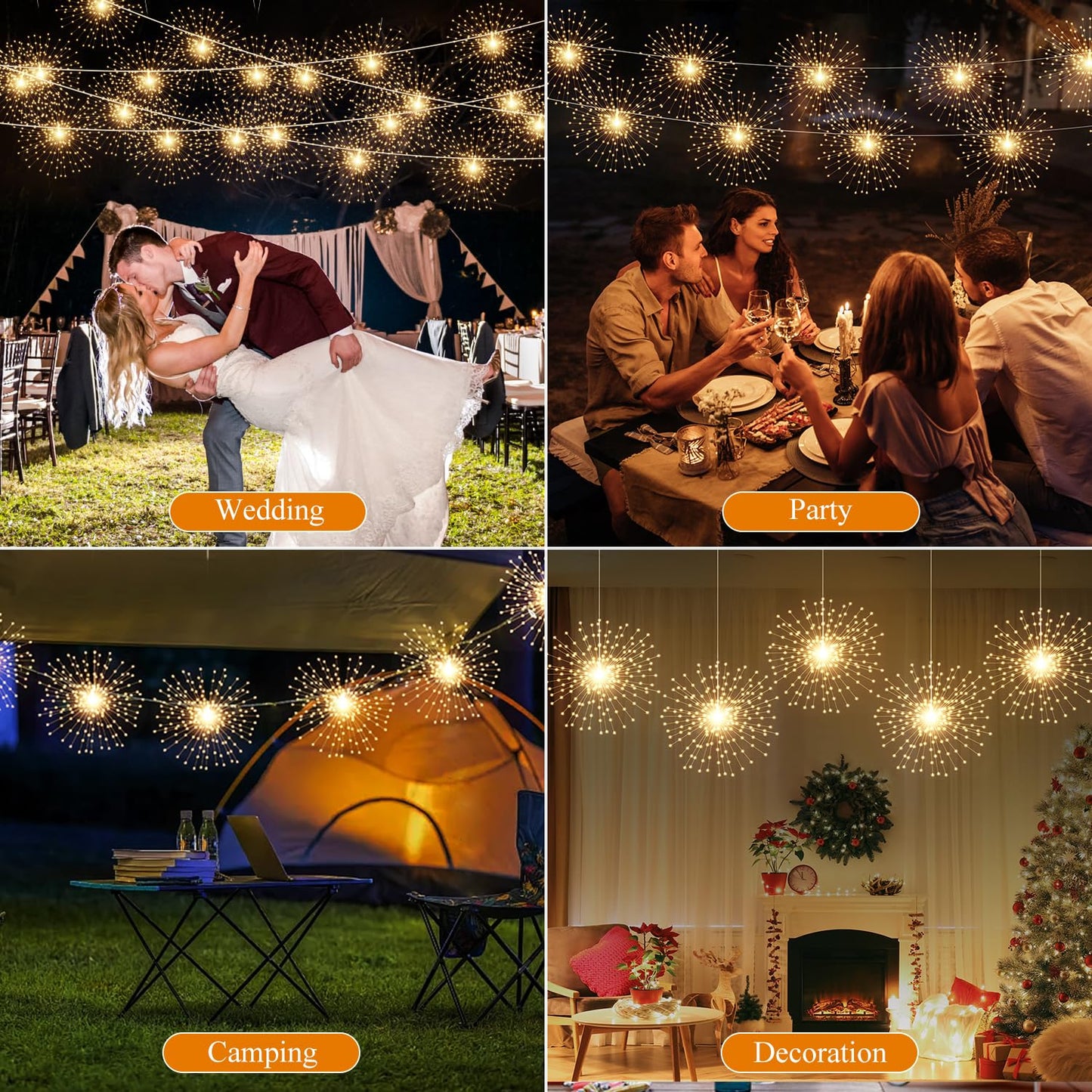 DoonDar 5 Pack Firework String Lights Christmas Light, 200 LED 8 Modes Hanging Starburst Lights for PartyGarden Decoration (Warm White)