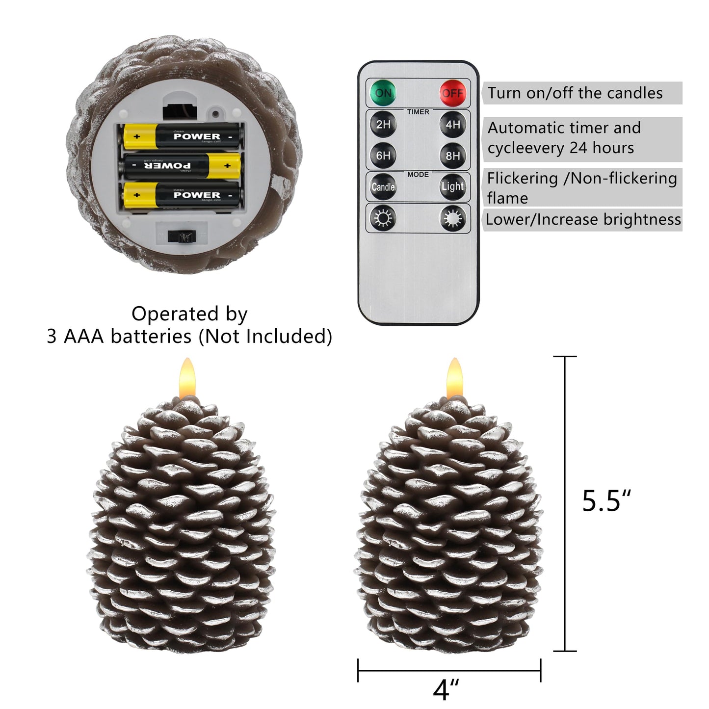 CVHOMEDECO. Pine Cone Candles Battery Operated Pinecones with Remote and Timer, Pine Cones Candle LED Flameless Flickering Candles for Fall, Christmas Decor. Silver-Brown, H 5.5 Inch, Pack of 2