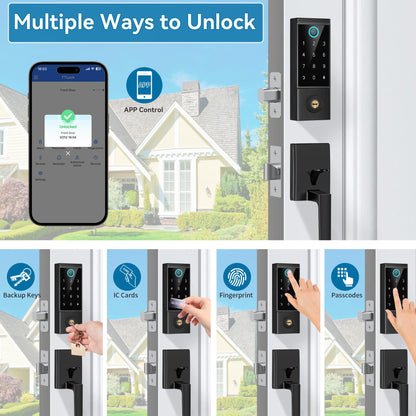 BEBASIA Smart Door Lock with Front Door Handle Set, Heavy Duty Fingerprint Handleset, Keyless Entry Smart Deadbolt for Front Door, Bluetooth Keypad Digital Lock Black