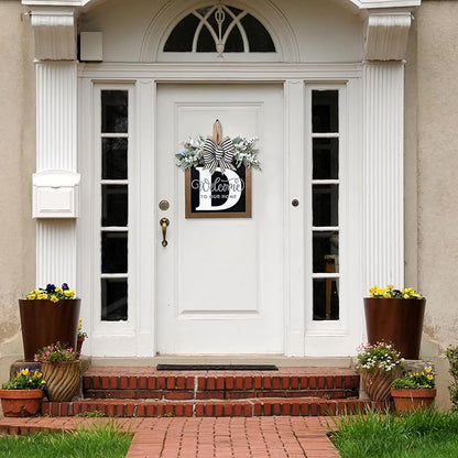 Ultra Large 14'' Last Name All Year Round Front Door Wreath with 26 Initial Letter Welcome Sign All Seasons Eucalyptus Garland and Bow Wreaths for Front Door Porch Farmhouse Decoration (D)