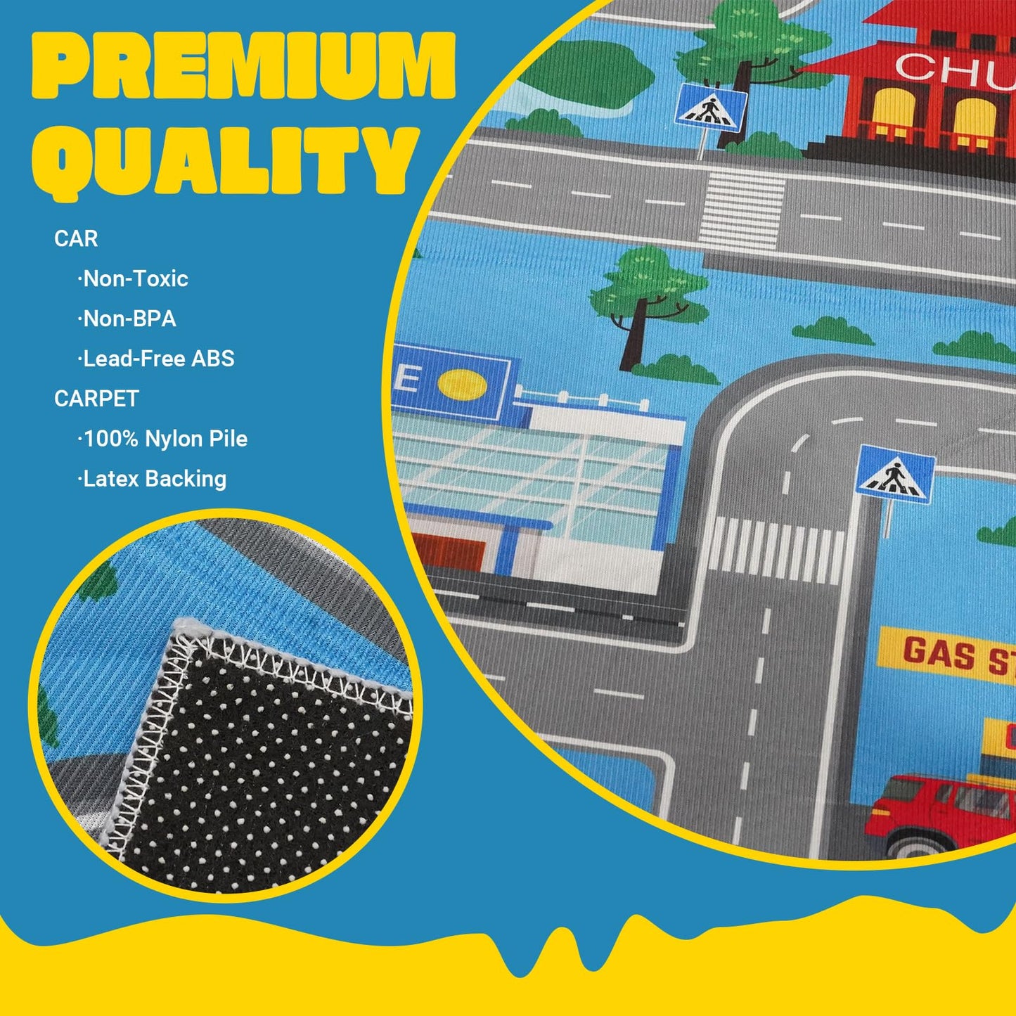 Kids Carpet Playmat Rug: Kids Car Carpet Playmat Rug with 20 Cars Pull-Back Vehicle Set - Play Room, City Pretending Play, 62.9 X 31.4 Inch, Blue