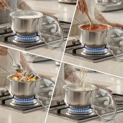 Tri-ply Stainless Steel Pot - 1.5 Qt & 2.5 Qt Heavy Duty Sauce Pan with Lid, Nonstick Stainless Steel Cookware Set Cooking Pot, Multipurpose Saucepan with Stay Cool Handle