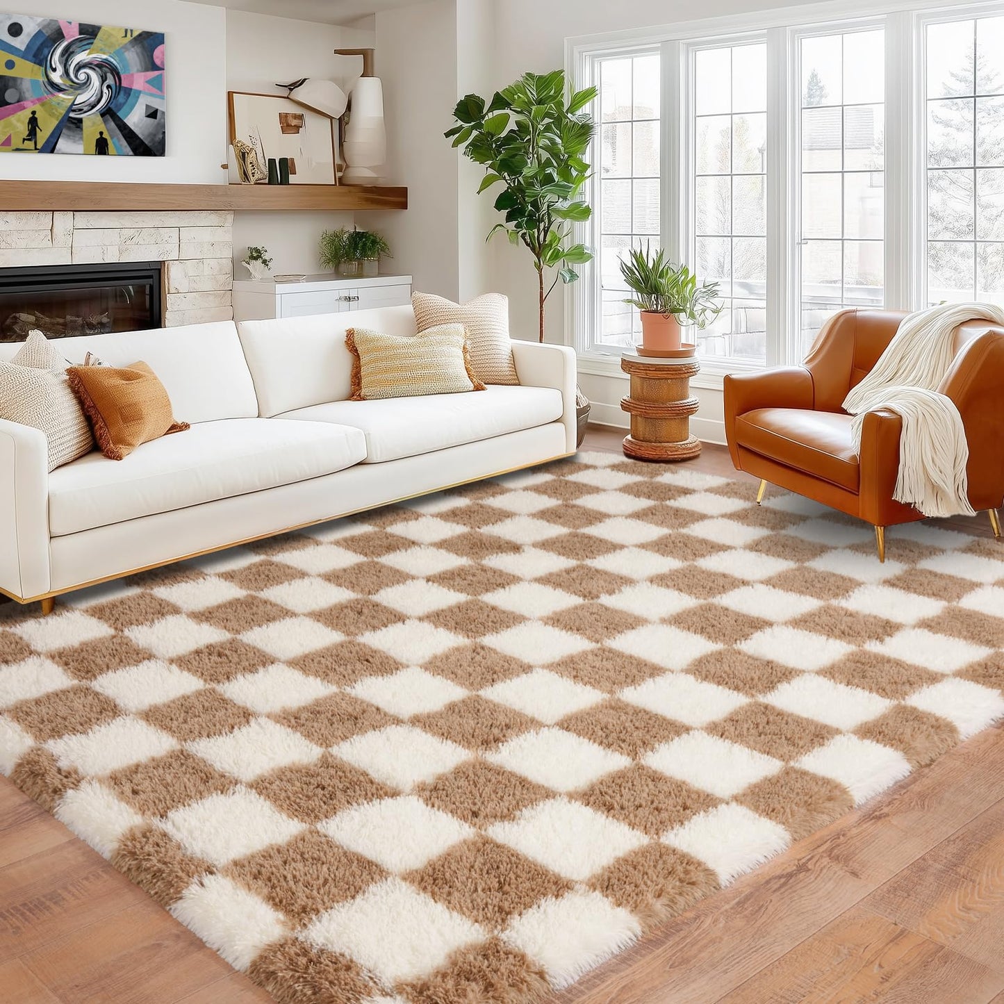 Pionblank 8x10 Area Rugs for Living Room, Fluffy Plush Checkered Rug for Bedroom, Shag Non Slip Soft Furry Large Carpet for Kids Room Nursery Home Decor, Beige and Cream White