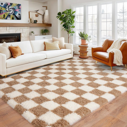 Pionblank 8x10 Area Rugs for Living Room, Fluffy Plush Checkered Rug for Bedroom, Shag Non Slip Soft Furry Large Carpet for Kids Room Nursery Home Decor, Beige and Cream White