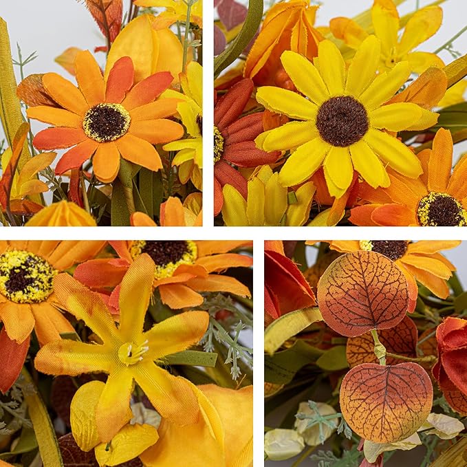JINGHONG Fall Wreaths for Front Door 22 Inch Artificial Fall Wreath Floral Autumn Wreath with Colorful Daisies Orange Foliage for Indoor Outside Door Harvest Festival Thanksgiving Day Celebration