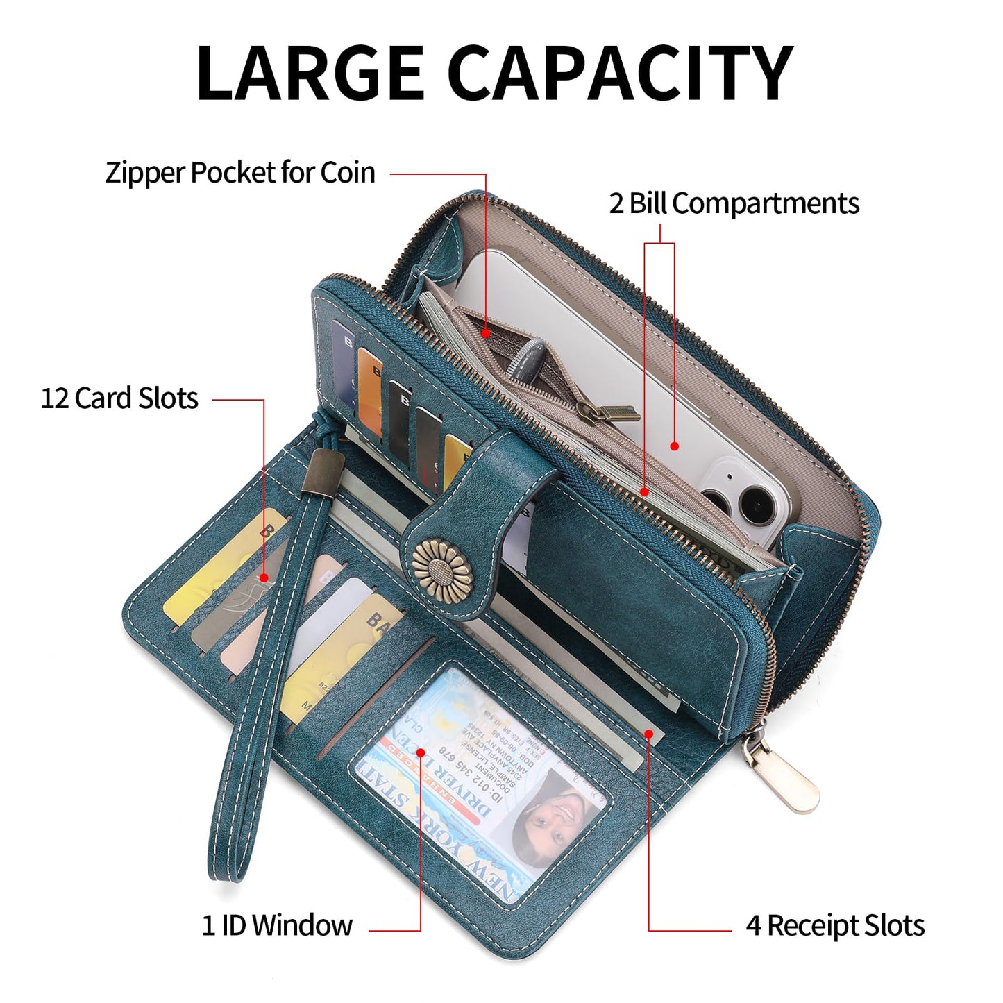 SENDEFN Wallet for Women RFID Blocking Leather Clutch Long Purse Large Capacity Credit Card Holder Wristlet
