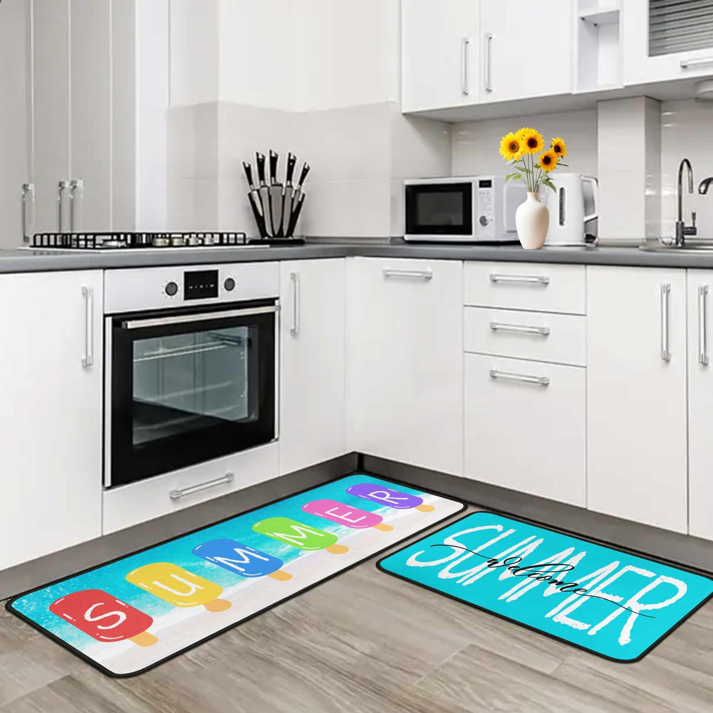 Lumiprinta Summer Blue Kitchen Rugs and Mats Set of 2, Seasonal Microfiber Washable Non-Slip Floor Mats for Home Kitchen Decor 17"x47"+17"x30"