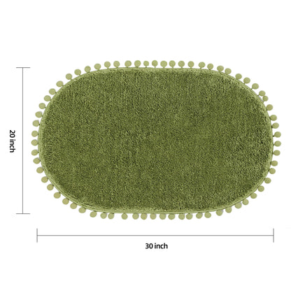 YIRDDEO Bath Mat Olive Green Oval Rug with Pom Bathroom Rugs for Bedroom Non Slip Cute Boho Absorbent Mats Soft Plush Washable Rug (24x36 inches)