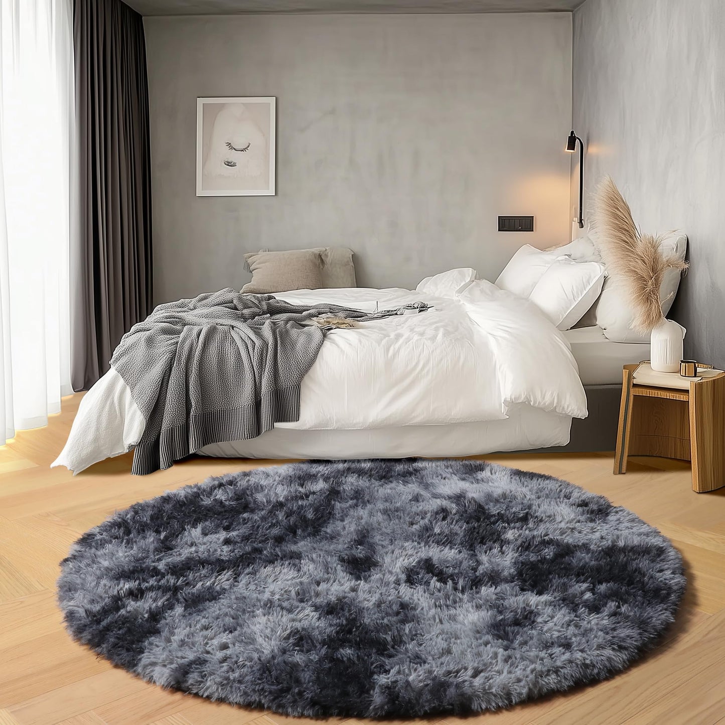 ONASAR Tie-Dyed Dark Grey Round Area Rugs 5ft, Ultra Soft Bedroom Circle Rug for Kids Girls Teen Room, Fluffy Plush Shaggy Carpet Floor Mats for Baby Nursery Living Room Playroom Home Decor