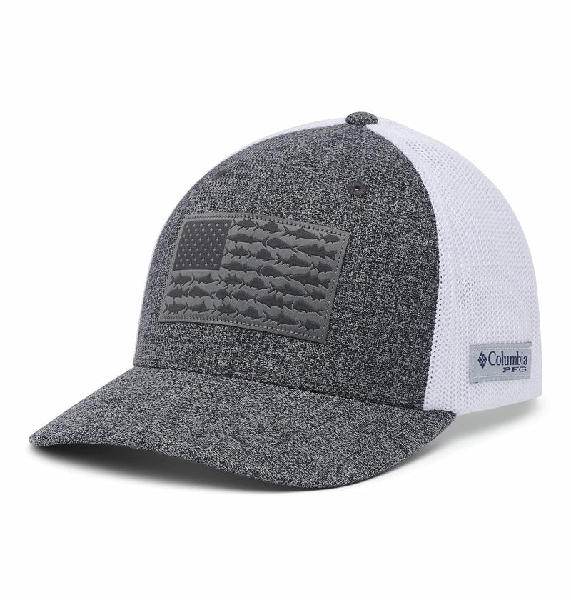 Columbia Unisex PFG Mesh Fish Flag Ball Cap, Breathable, Adjustable, Grill Heather/White/Us Fish Flag, Large-X-Large