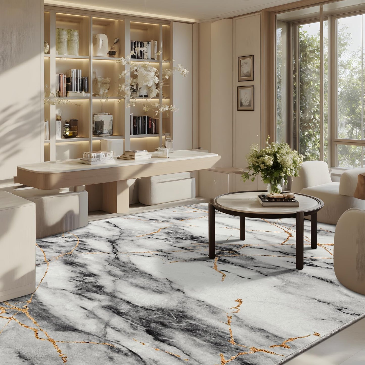 CRYPTOLITE Abstract Area Rug Washable Rug with Non-Slip Backing Low Pile Area Rugs for Living Room,Bedroom,Dining Room,4x6, Gold&Grey