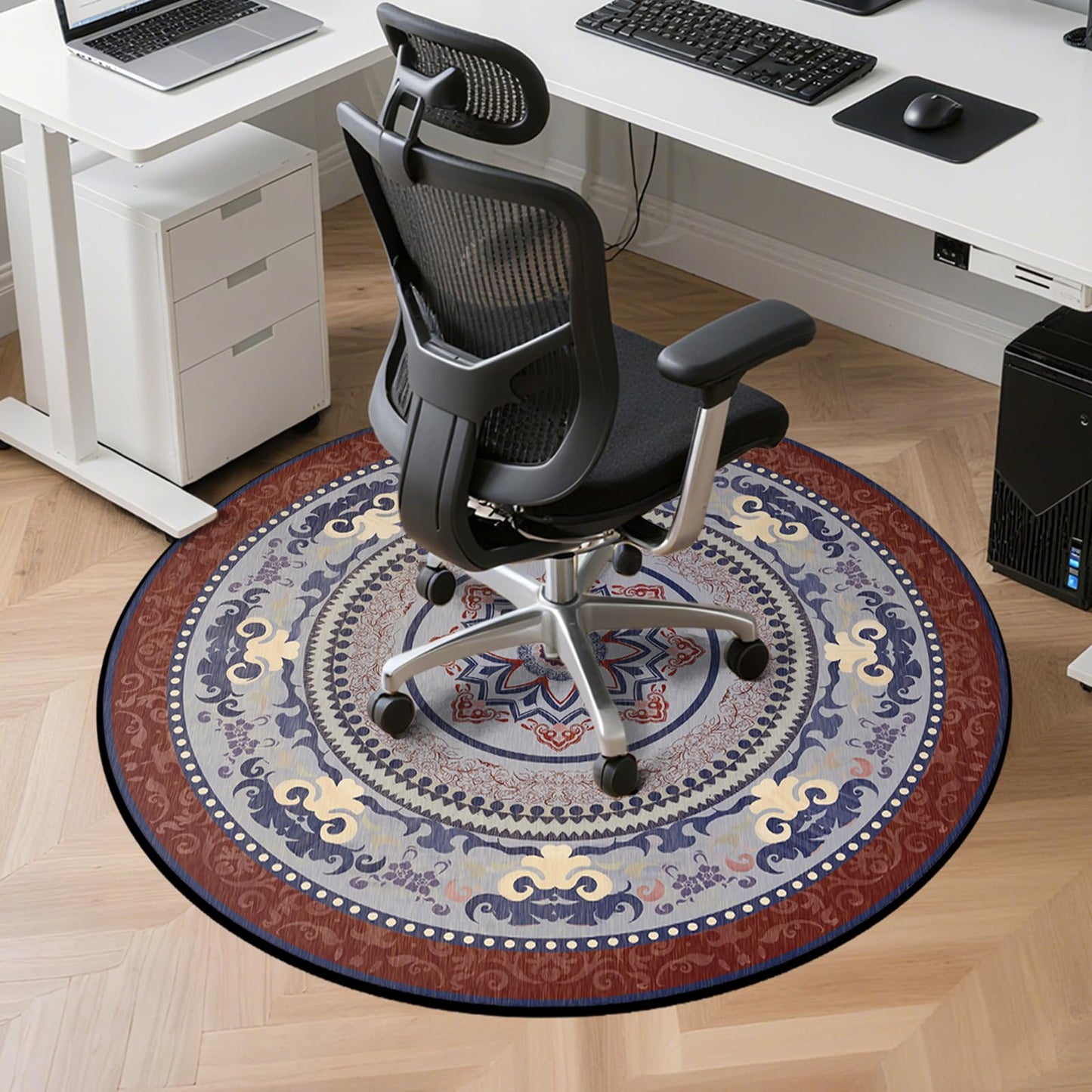 Washable Round Area Rug, 3ft Ultra-Thin Non-Slip Floor Mat, Vintage Boho Carpet for Living Room Bedroom Dining Room Office Hallway Entryway