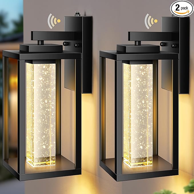 VIANIS Large Exterior Lighting Fixtures Wall Mount for House, Black Dusk to Dawn Porch Lights Outdoor with Integrated 10W LED Light Source Crystal Bubble Glass, 2 Packs Outdoor Wall Sconces Lantern