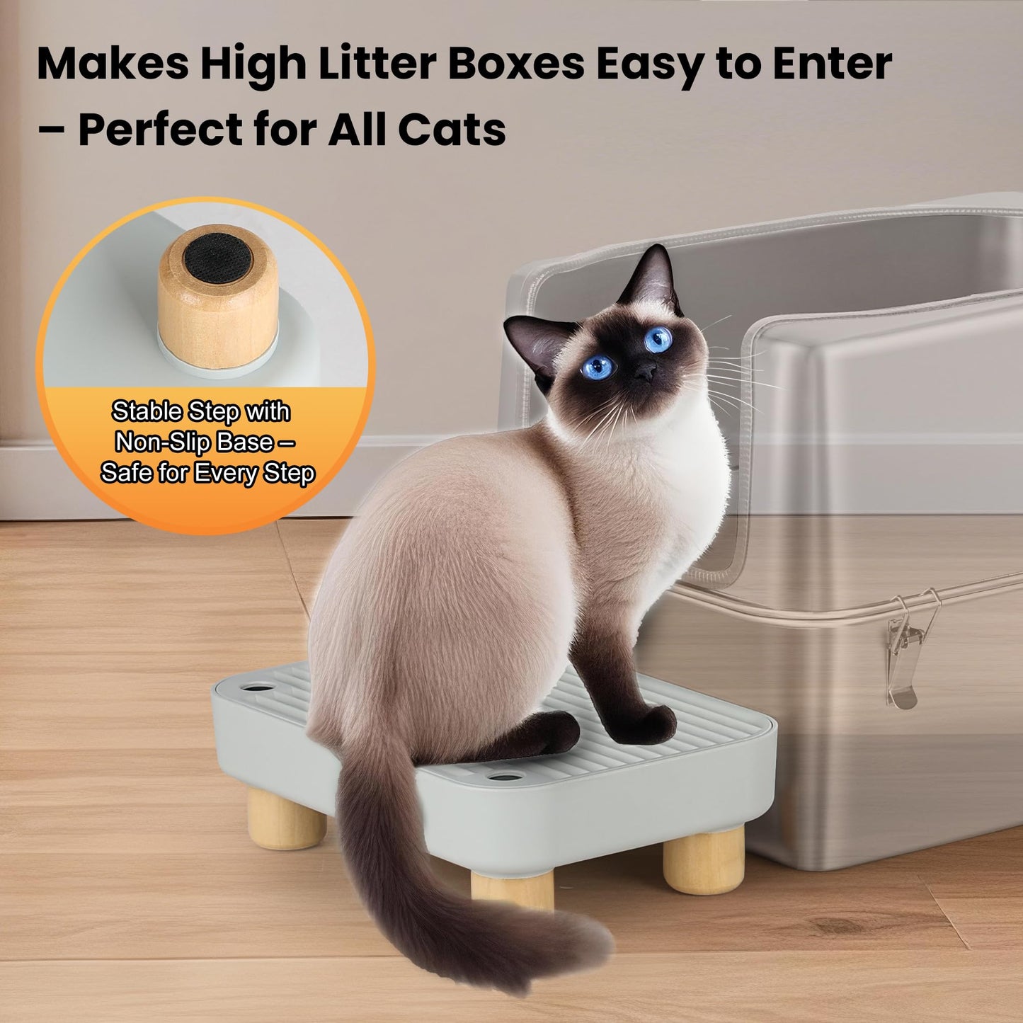 Aothey Litter Box Step, Litter Box Ramp/Catcher with Wooden Base, Anti-Tracking & Easy to Clean, Ideal for Small & Elderly Cats (Grey)