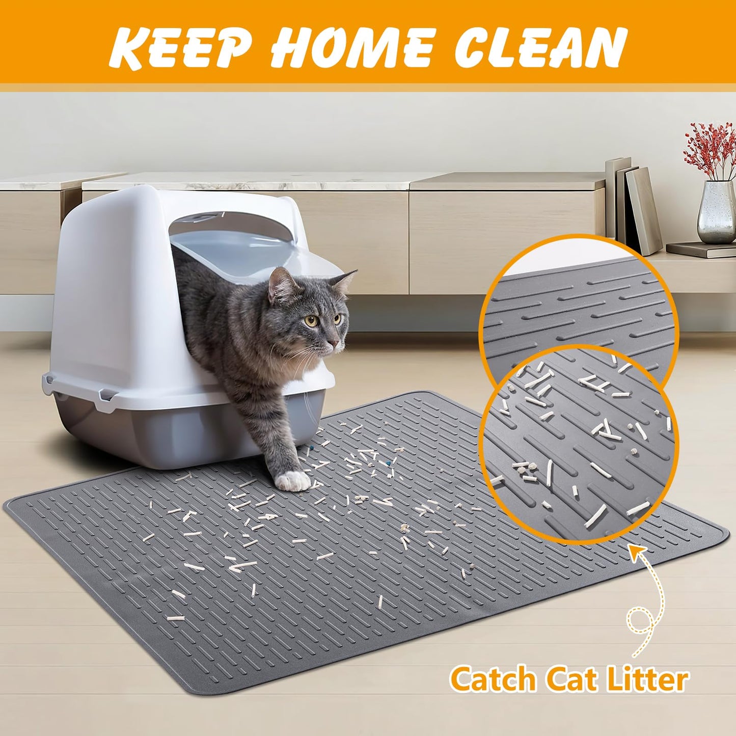 Silicone Cat Litter Mat, 28x20 in Waterproof Litter Box Mat Cats Feeding Mats with Raised Edges, Quick Clean Desig (Grey)