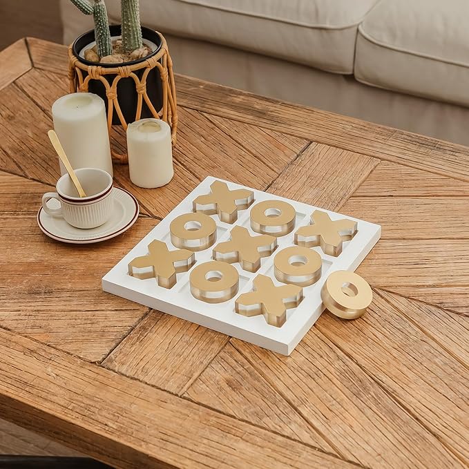 NIKKY HOME Acrylic Tic Tac Toe Wood Board Game Classic Coffee Table Decor Decorative Wooden Travel Game for Family Gold