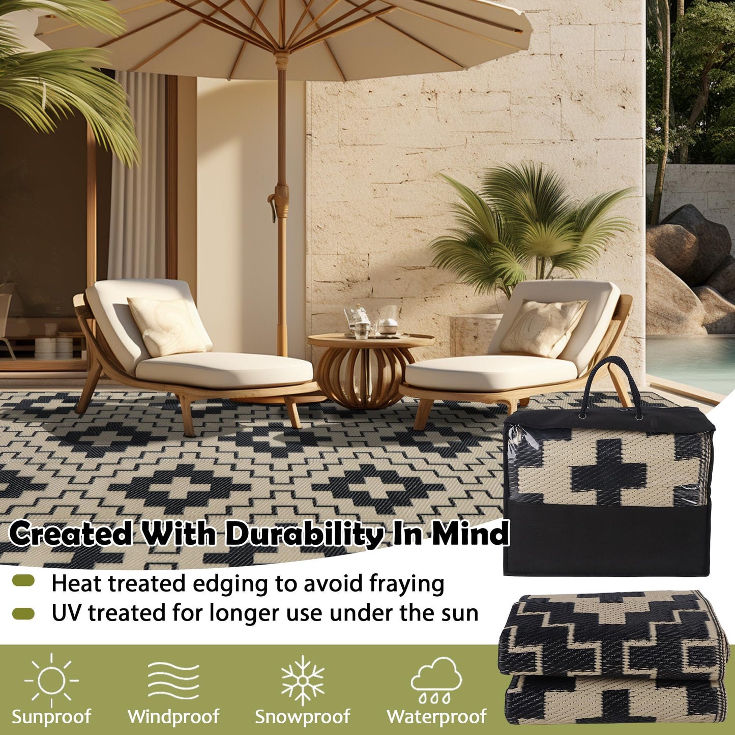 SAND MINE Waterproof Outdoor Rug 5x8 ft, Reversible Plastic Straw Area Rug, Large Floor Mat for Patio, Backyard, Deck, RV, Camping, Picnic, Beach, Balcony & Porch - Black & Beige