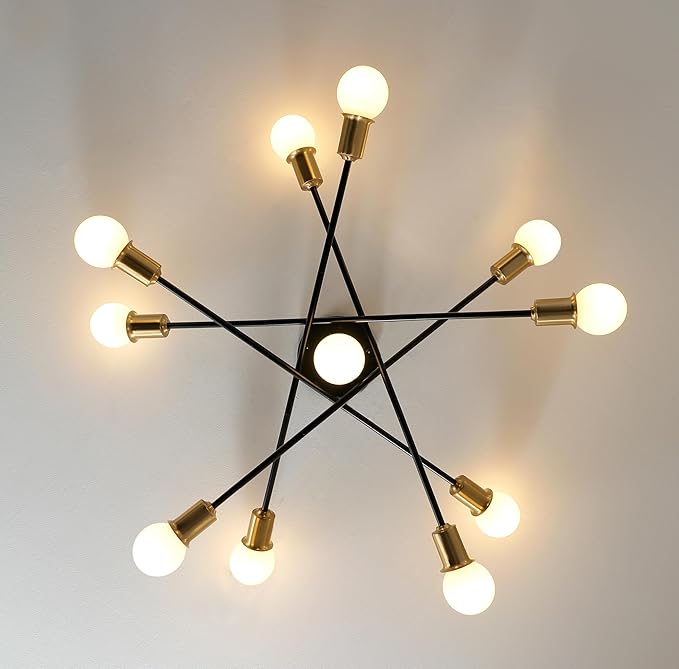 Mid Century Sputnik Gold and Black Semi Flush Mount Ceiling Light Fixture, Modern Large 11 Light Metal Chandelier for Dining Room Bedroom Kitchen Living Room Office Lighting