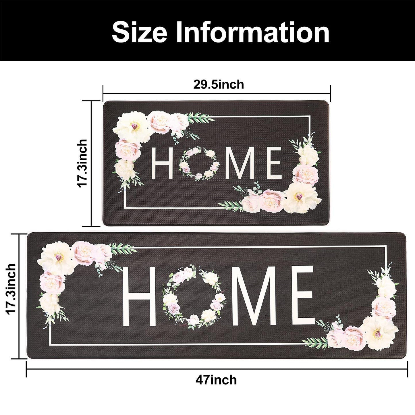 PCSWEET HOME Black Kitchen Mats for Floor 2 Piece Floral Anti Fatigue Mats for Kitchen Floor Kitchen Rugs Cushioned Anti Fatigue Waterproof for Kitchen, Laundry Room, 17.3"x30"+17.3"x47"