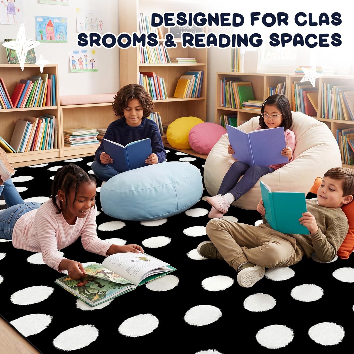 Nuanchu Large Polka Dot Classroom Rug 6.5 x 12.1 ft Black and White Classroom Carpet with Rubber Backing Non-Slip First Day of School Rugs for Playroom Nursery Preschool