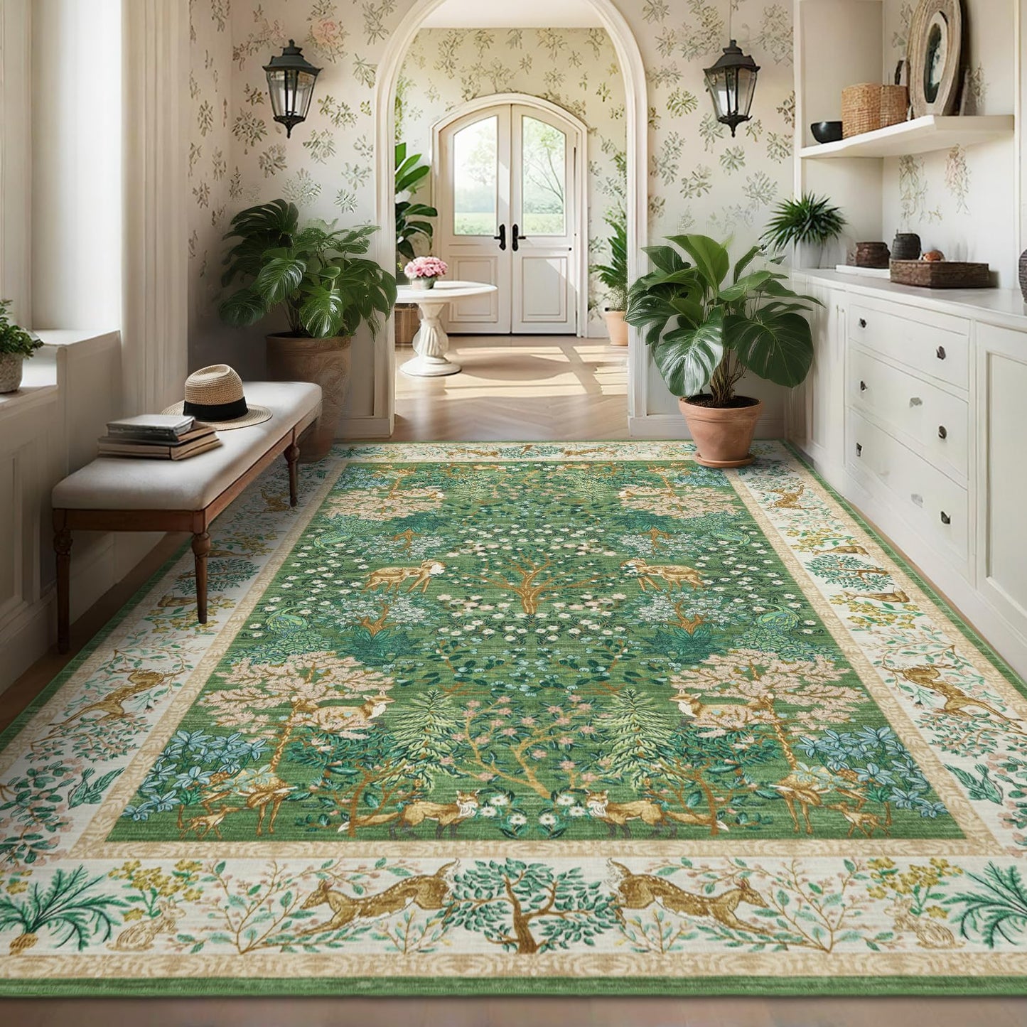 GarveeHome Forest Rugs 5x7 Living Room Rug Non Slip Washable Stain Resistant 5x7 Washable Rugs Jungle Animal Print Low Pile Soft Holiday Decor Carpet for Bedroom Laundry Room,Green
