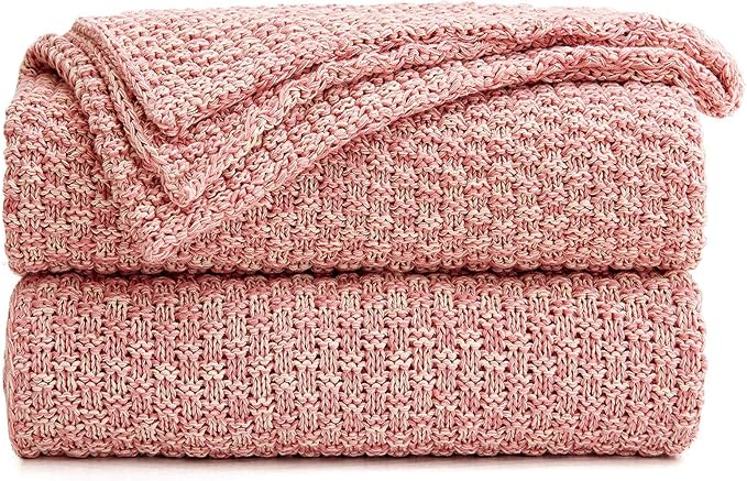 Longhui bedding Dusty Pink Knitted Throw Blanket for Couch, Soft, Cozy Machine Washable 100% Cotton Sofa Knit Blankets, Heavy 2.8lb Weight, 51 x 63 Inches, Pink and White Color, Laundry Bag Included