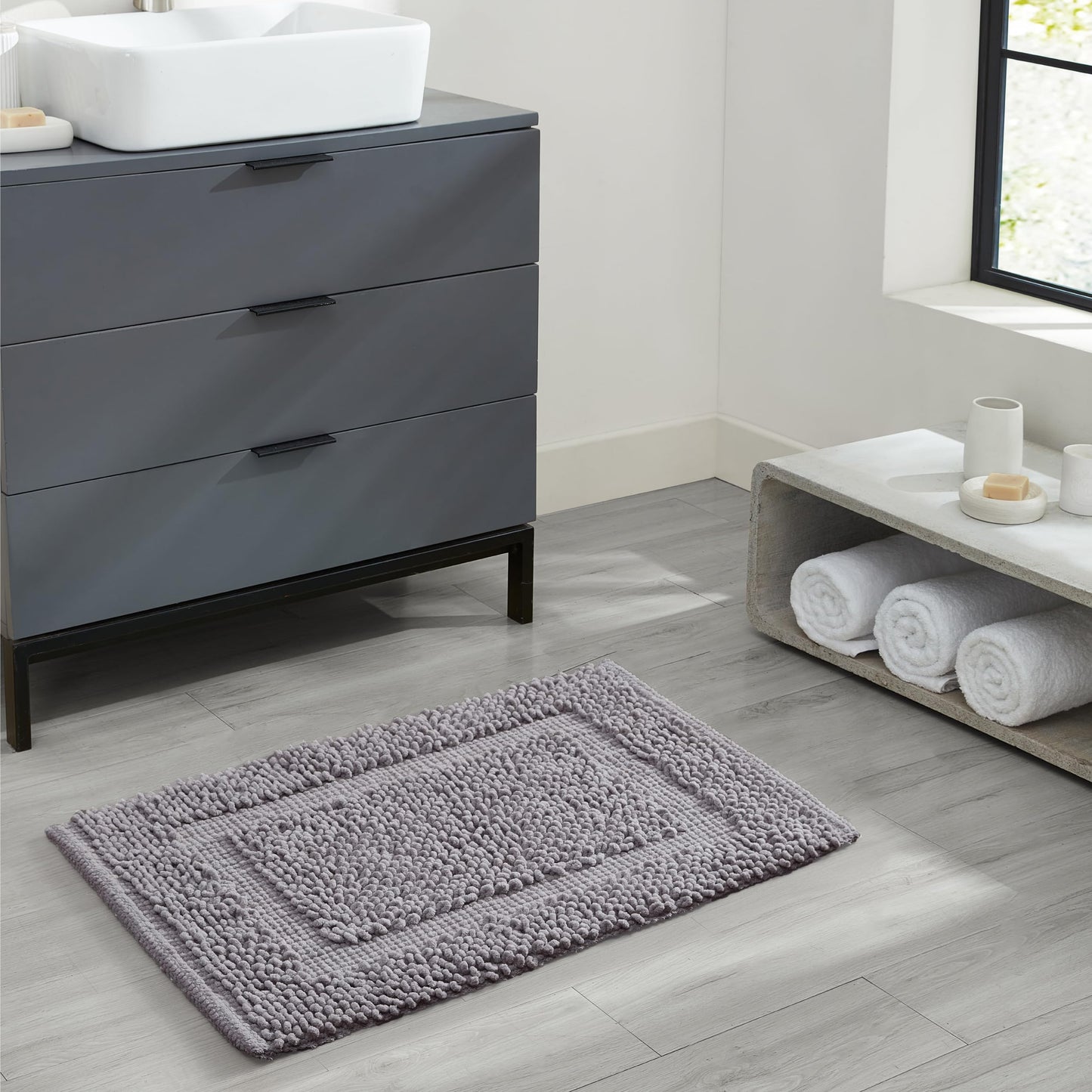 Jean Pierre New York 100% Chenille Cotton Skid Resistant Plush Bath Mat - 17"x24" Bathroom Rug - Charcoal Grey