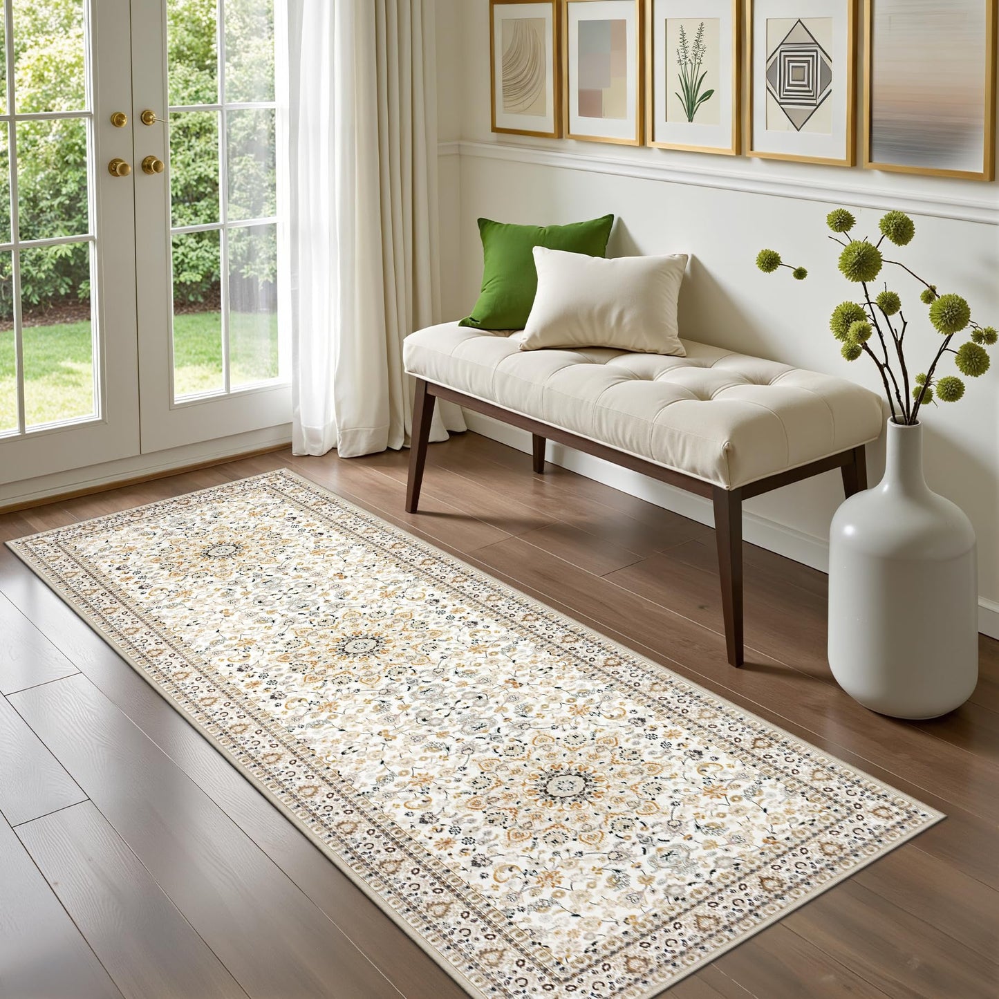 Hallway Runner Rug Non Slip - Washable 2.6x8 Kitchen Rugs for Living Room, Low-Pile Soft Bedroom Rug Indoor Floor Stain Resistant Carpets for Entryway, Laundry, Bathroom Beige