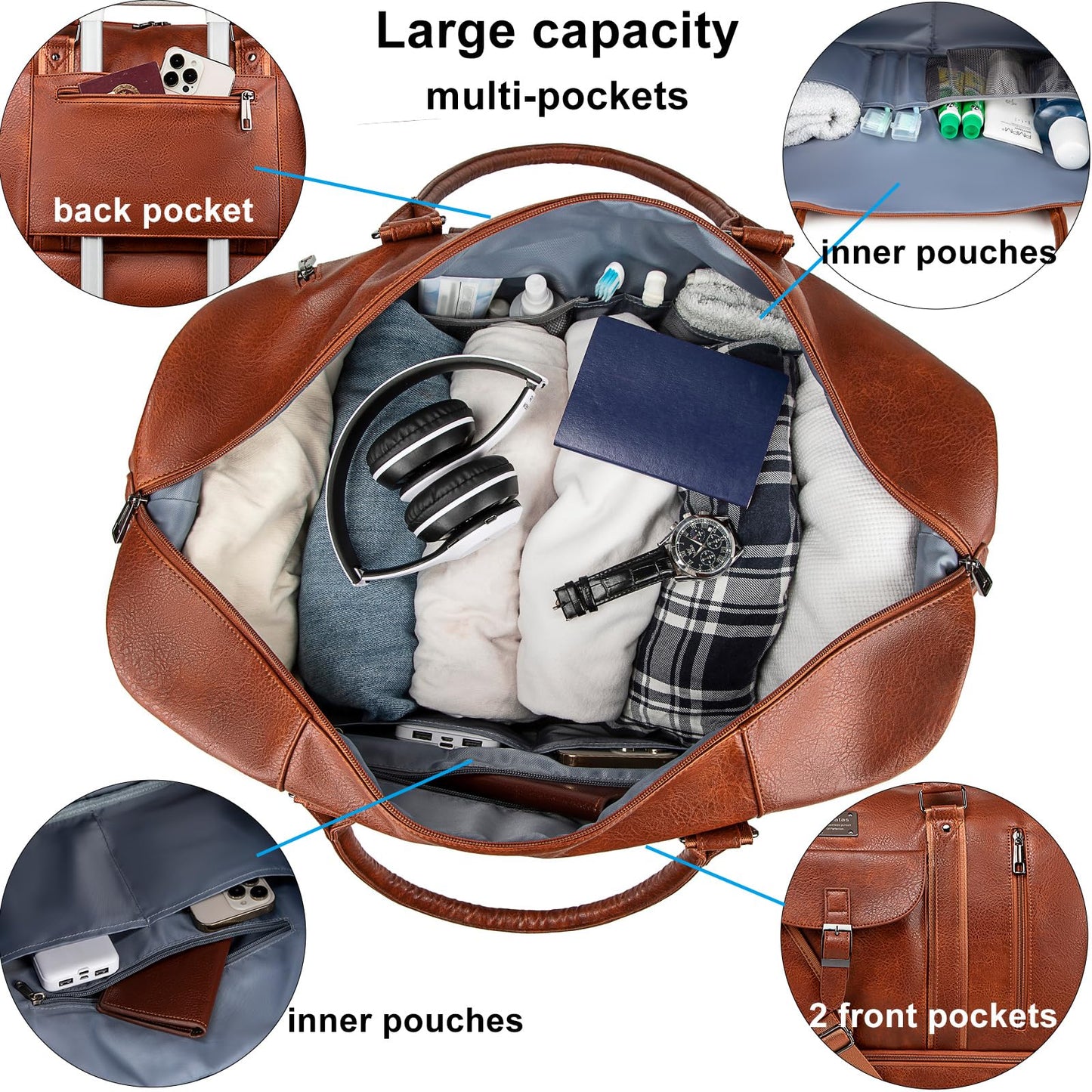 weiatas Faux Leather Travel Duffel Bag for Women Men, Large Weekender Overnight Bag with Shoes Compartment, Waterproof Carry On Bag Travel Tote Bag Gym Bag with Luggage Strap (Brown)