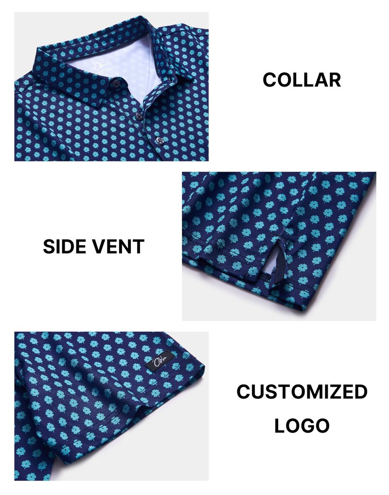 Obla Mens Golf Polo Shirts Short Sleeve Dry Fit Performance Moisture Wicking Casual Print Collared Golf Shirts for Men (Navy Blue Flower_XL)