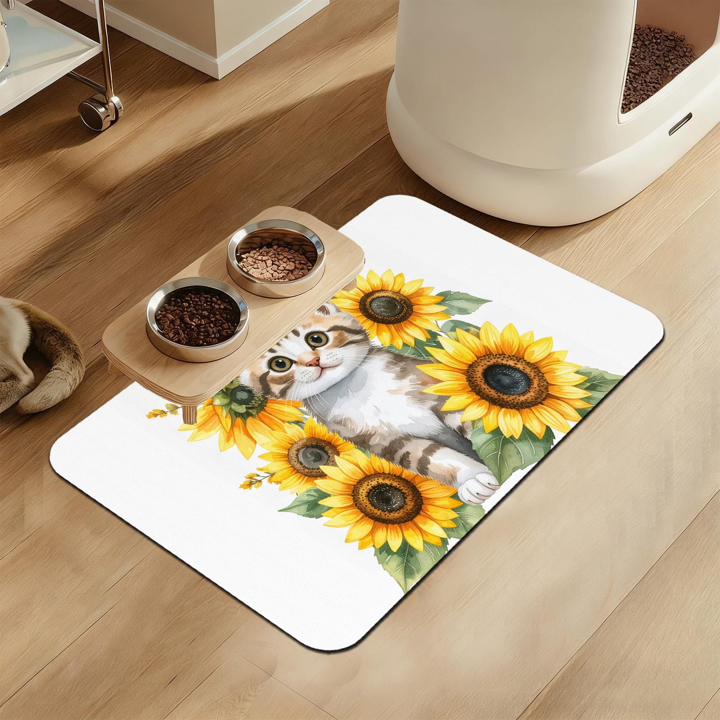 Cute Cat Sunflower Pet Feeding Mat for Floors–Absorbent Quick Dry Dog Cat Bowl Mat for Food and Water, Non Slip Waterproof Base, Mess-Free Feeding Accessories 12"x20"