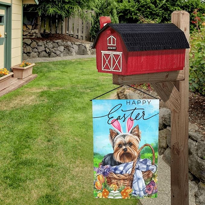 Yorkshire Terrier Happy Easter Flower Bunny Cute Egg Garden Flag Welcome Party Outdoor Outside Decorations Picks Home House Garden Yard Decor 12x18 Inch