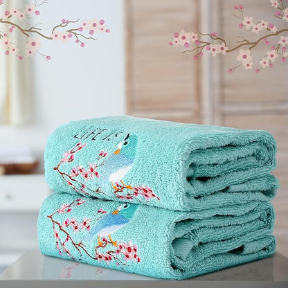 2 Pcs Bird Hand Towels Mint Green Bathroom Decor 14x29 Inch Embroidered 100%