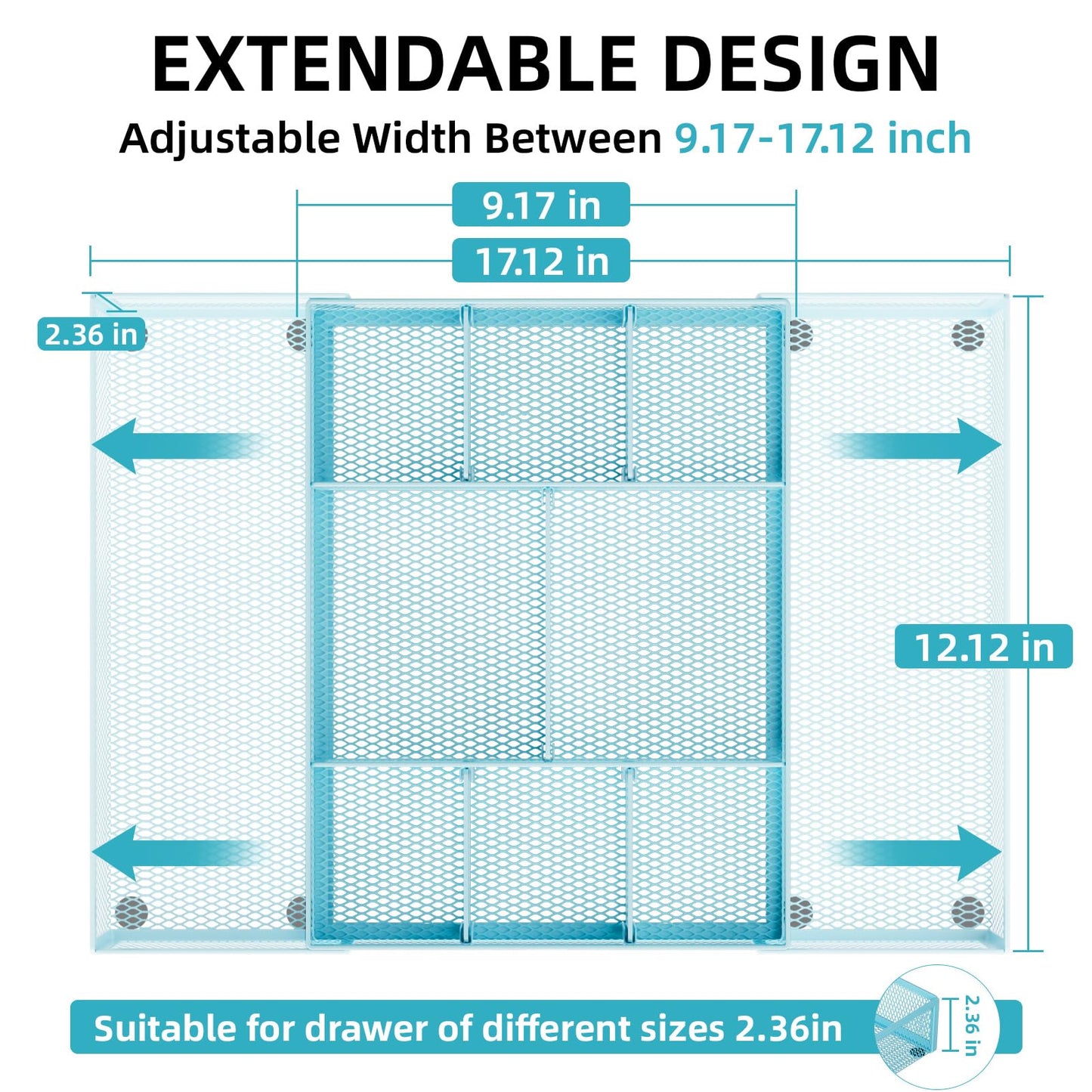 Marbrasse Expandable Desk Drawer Organizer, Mesh Drawer Organizer Tray with 10 Adjustable Compartments, Desk Organizers and Accessories for Office Supplies, Makeup & Vanity (Expandable-Blue)