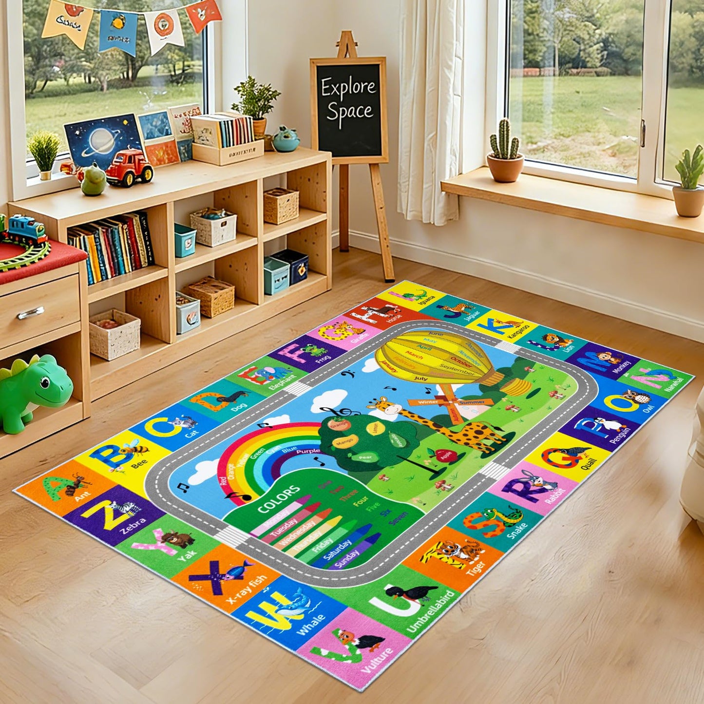 VSIWB Kids Rug for Playroom Educational ABC Rug Washable Play Mat Learning Alphabet Animals Numbers Non-Slip Soft Kids Carpet for Baby Toddler Classroom Nursery Bedroom Decor 3x5