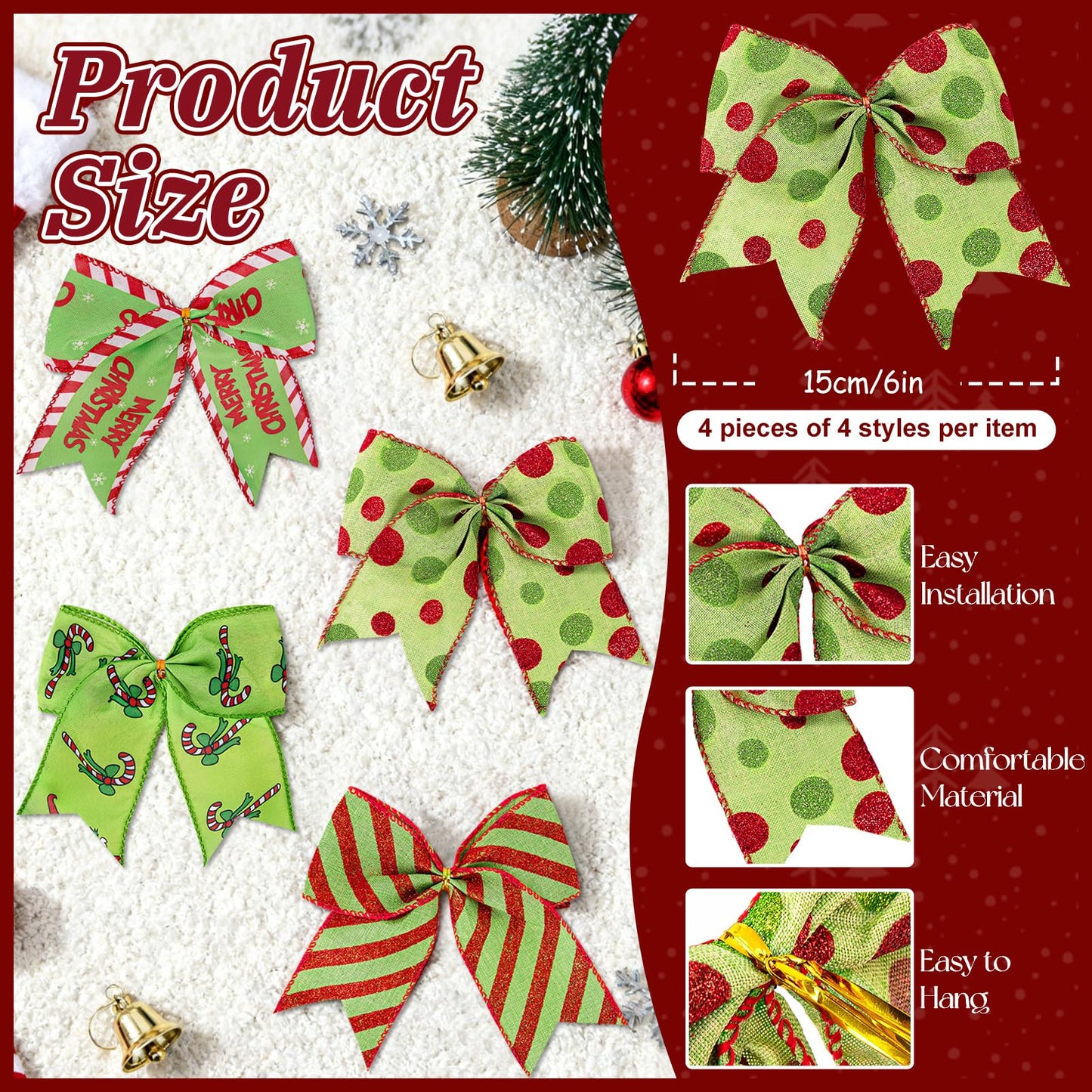 16 Red Green Christmas Bows Decoration, 6 Inch Large Wreaths Bows for Tree Gift Wrapping Garland, Christmas Bows Tree Dot Bows Ribbons Ornaments Christmas Wreath Decorations Wall Home Front Door Decor