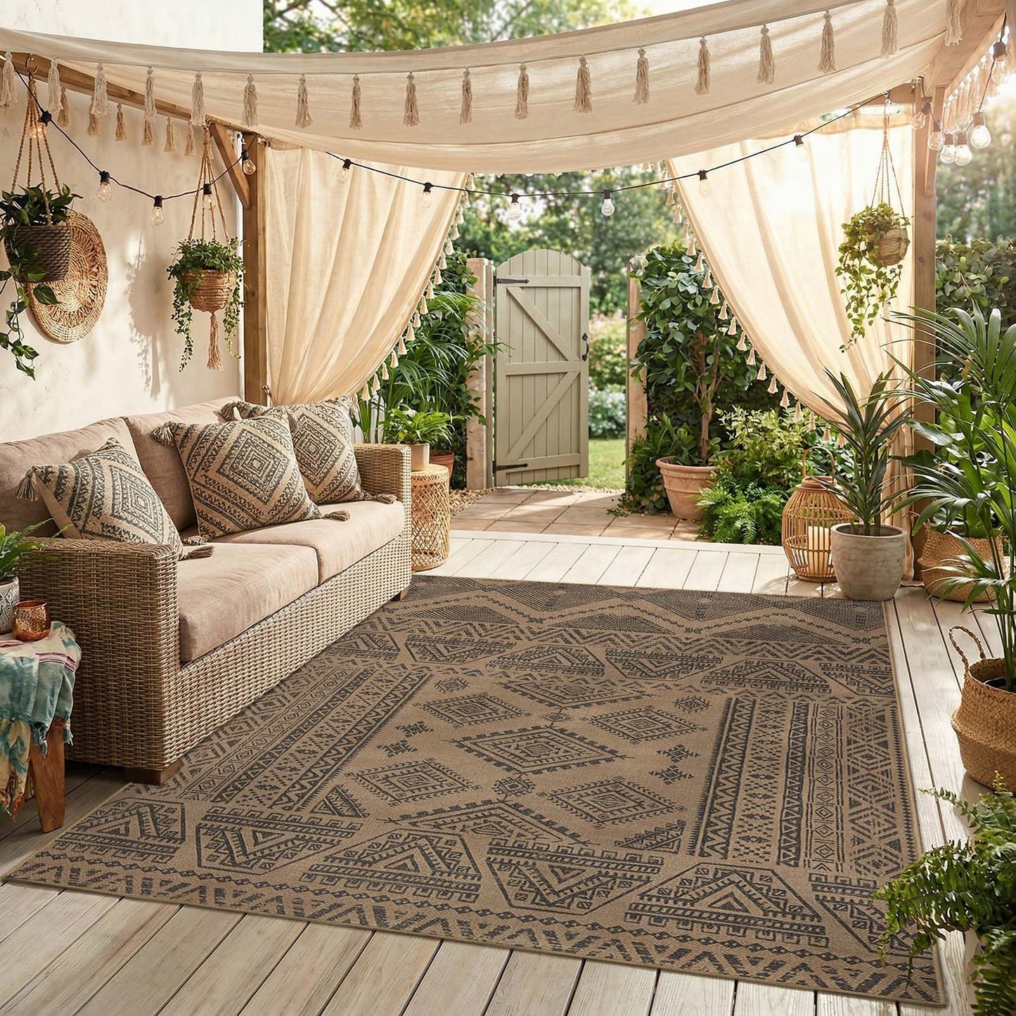 jinchan 5x7 Washable Faux Jute Area Rug, Boho Southwestern Geometric Natural Fiber Look Outdoor Rug, Low-Pile Non-Slip Floor Mat for Living Room Dining Room Bedroom Patio, Natural Charcoal