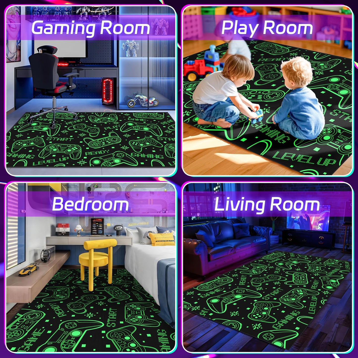 Blacklight Gaming Rug for Living Room Large Area Rug 47"x71" Fluorescent Green Gamer Rug for Boys Teen Room Decor Cool Game Controller Area Carpet for Bedroom Game Room Playroom Apt Dorm