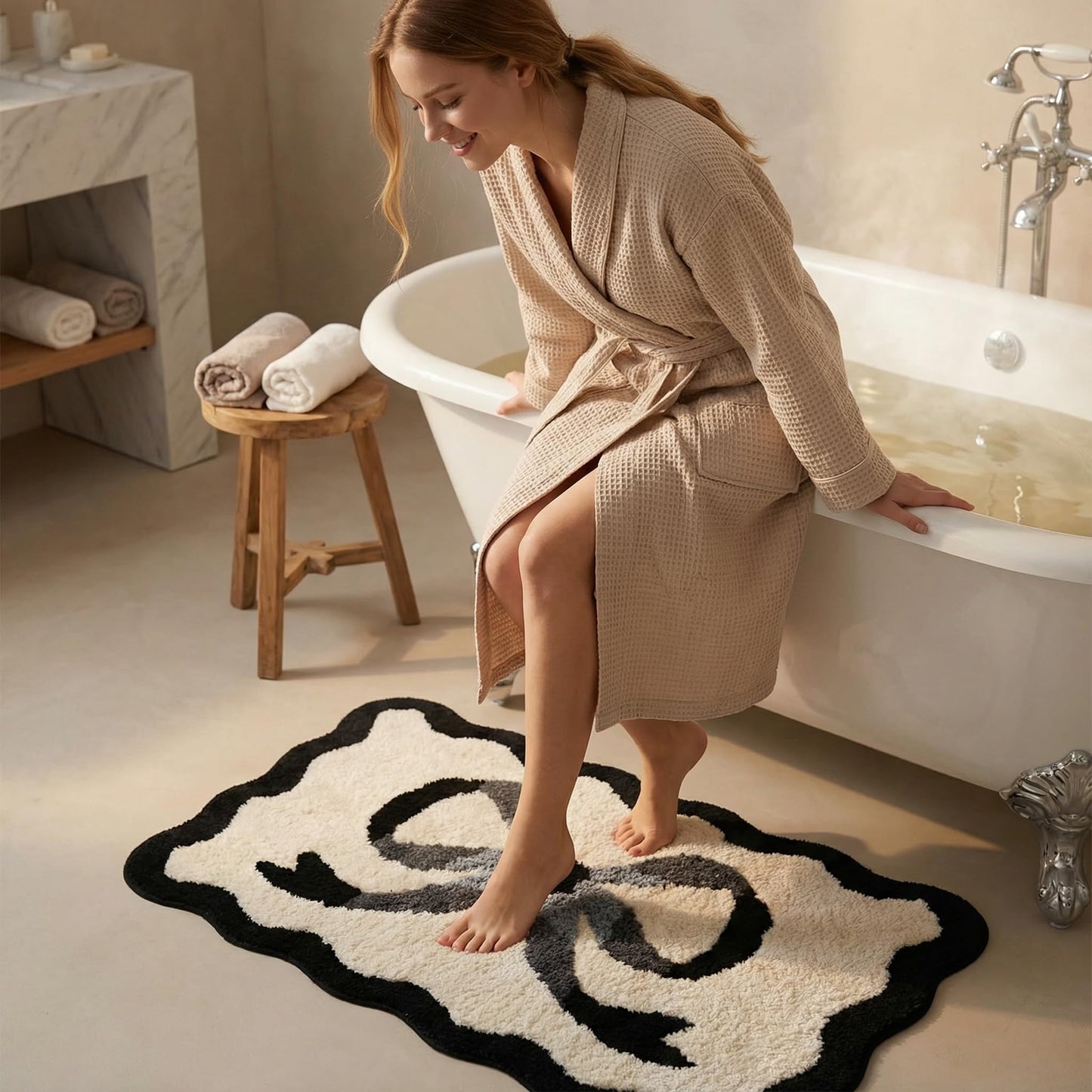 Dylrauoza Black Bow Bath Mat, 20" x 32" Scalloped Bath Rug for Bathroom, Black and White Bathroom Rug Cute, Non Slip Aesthetic Bath Mat, Machine Washable Water Absorbing Plush Rug