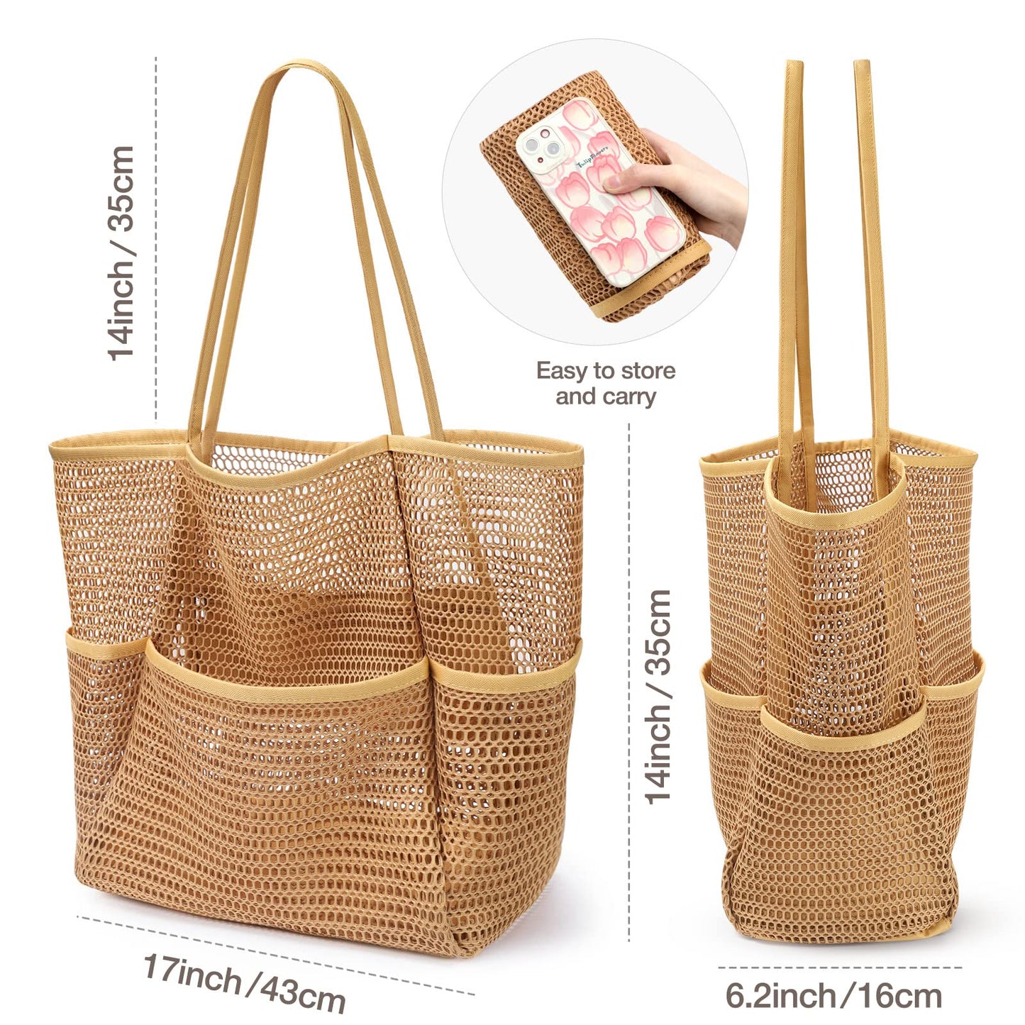 KPX Beach Bag with Mini Pocket, Summer Beach Tote Bags for Women Large Foldable Mesh Swimming Pool Travel Bags - Sandproof(Khaki)