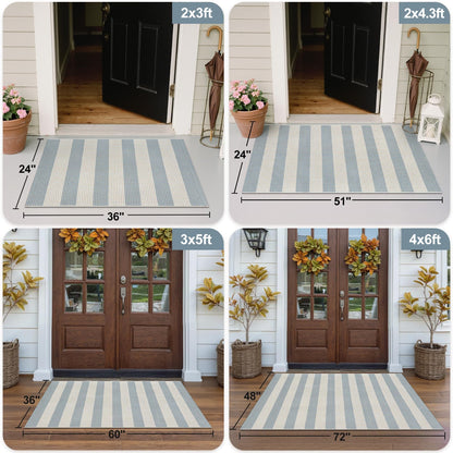 OJIA Front Door Mats Outdoor 24"x36" Machine Washable Indoor Outdoor Rugs Doormat Cotton Woven Entry Rug Striped Small Area Rugs for Front Porch/Bathroom/Farmhouse/Home Entrance (Blue/White/Tan)