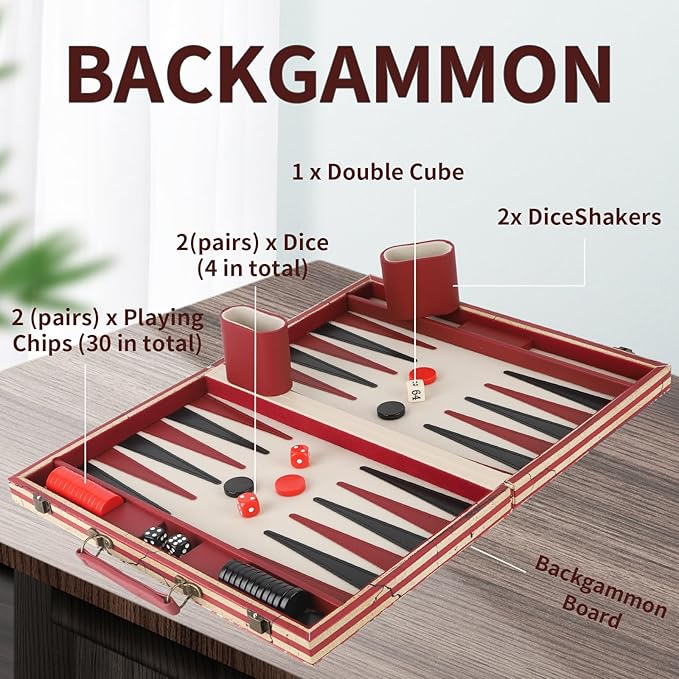 15 Inches Backgammon Sets for Adults Leather Travel Backgammon Set with American Flag Design Classic Board Game for Friends Party or Family Game Night