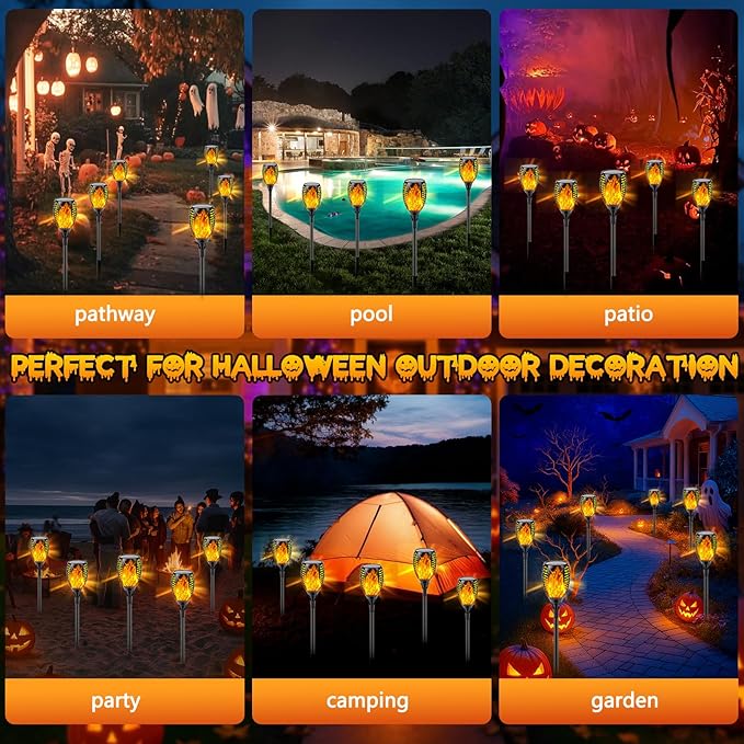 Upgraded 8 Pack Super Larger Size Solar Torch Lights with Flickering Flame, Extra Bright Solar Lights Halloween Decorations, Halloween Tiki Light Outdoor Waterproof for Garden Pathway Auto On and Off