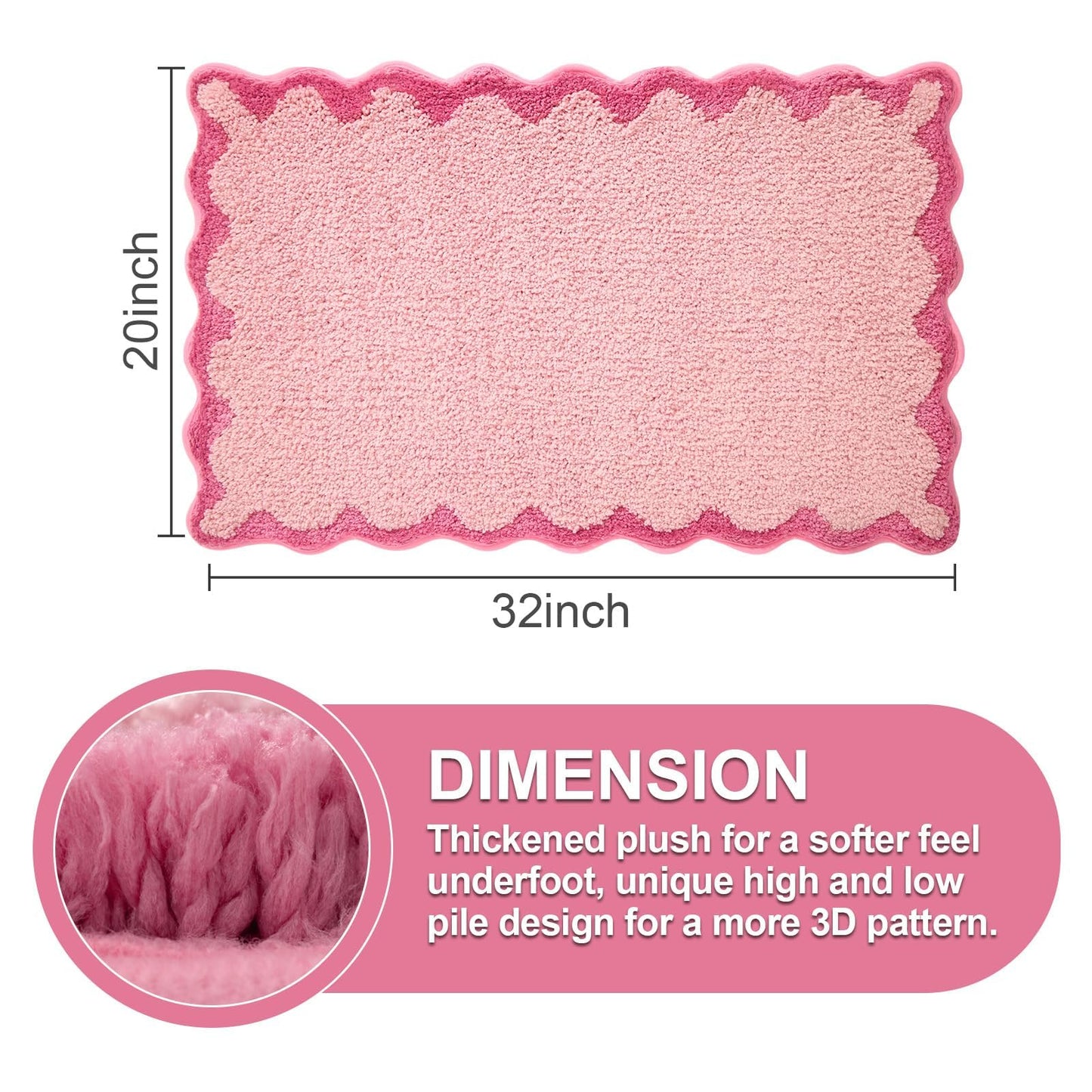 ORTIGIA Cute Pink Scalloped Bath Mat, Fun Plush Microfiber Scallop Bathroom Rugs Non Slip Washable Quick Dry Absorbent, Bathmat Bath Rug Carpet for Shower Stall Vanities Kitchen Floor Entrance, 20x32