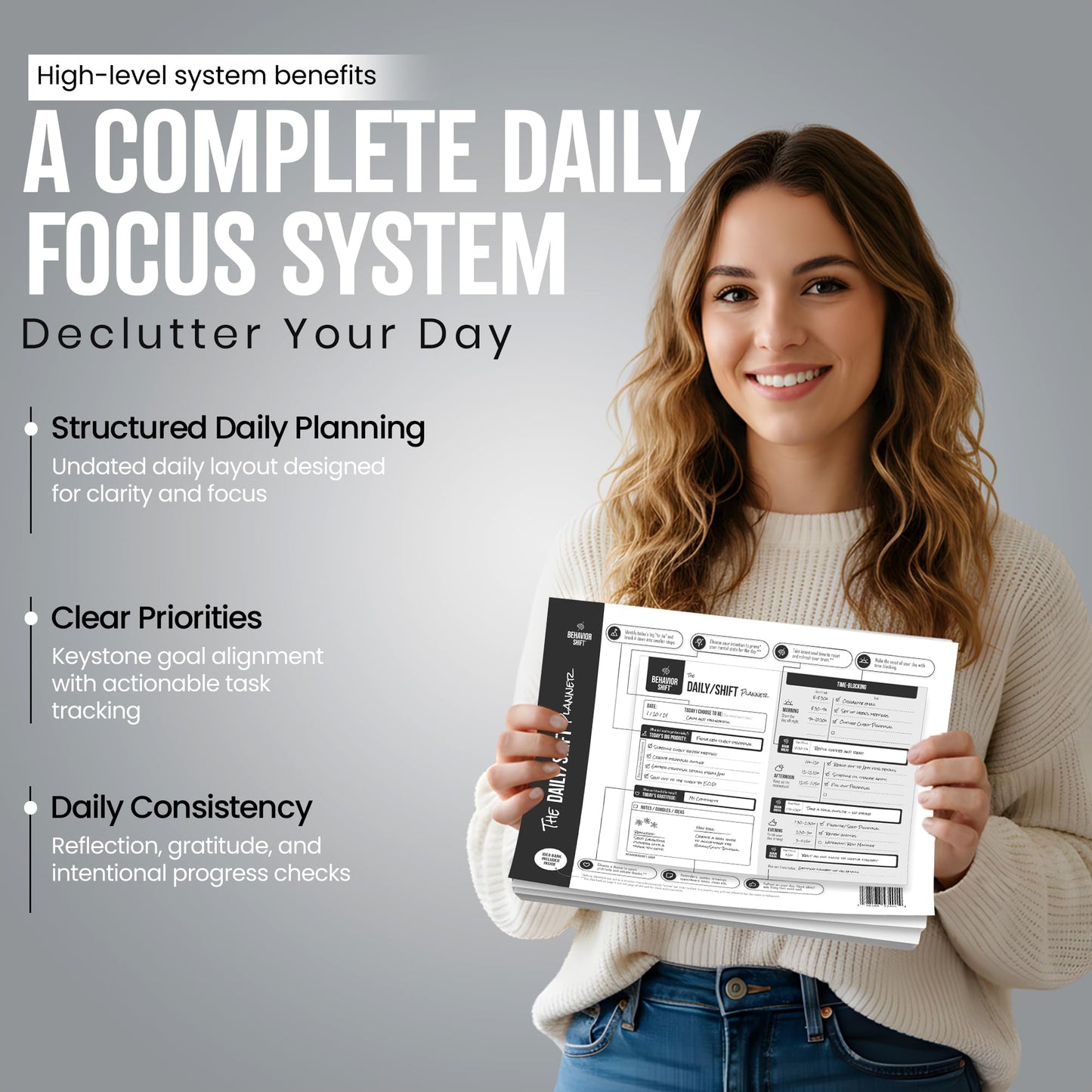 The Behavior Shift Daily Desktop Planner - 8.5 X 11 Inches undated Tear off Sheets - 13 week planning pad with checklist - Brain Dump Notepad for work, school & home organizer